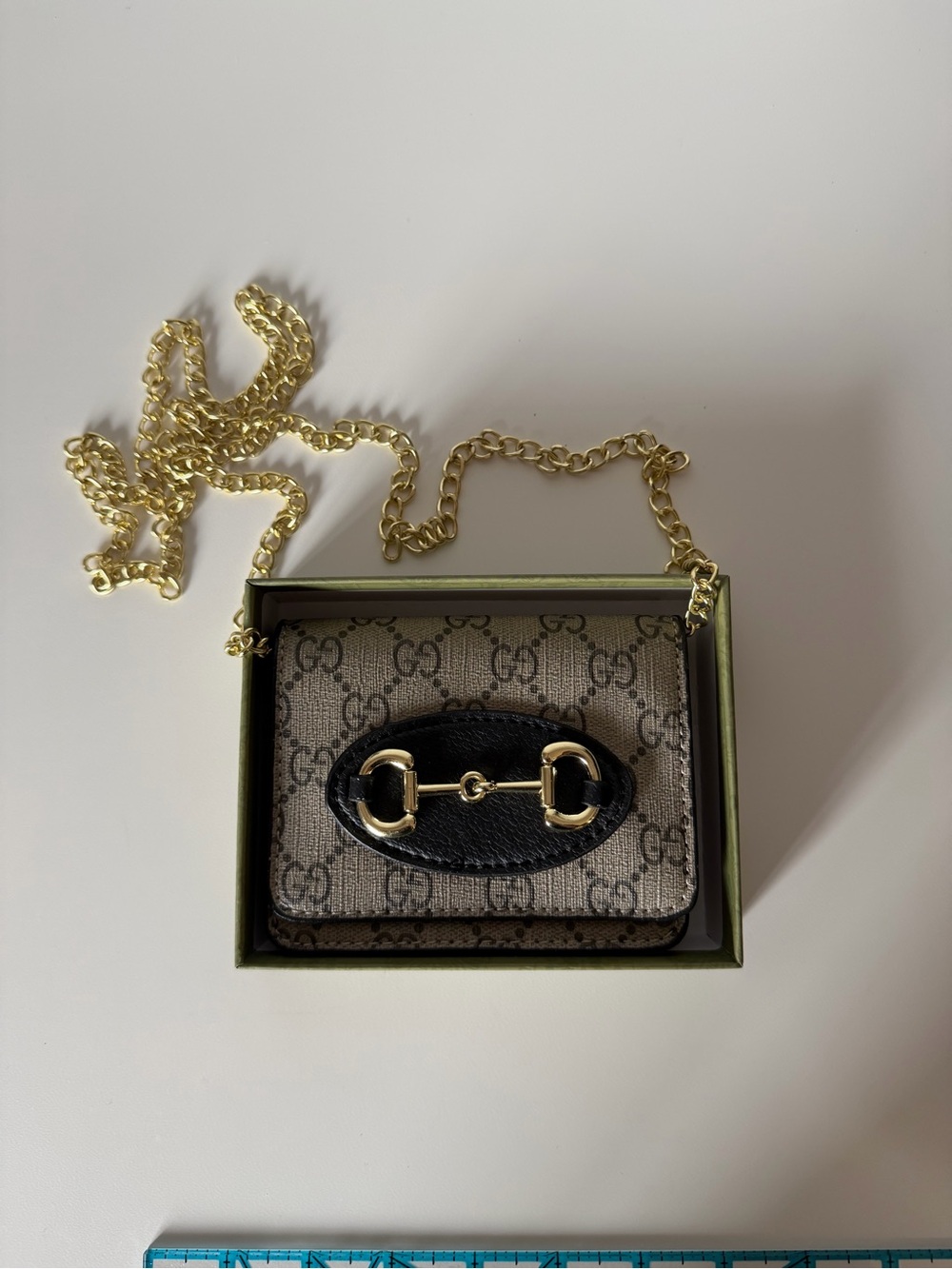 Beige & Black Mini Chain Wallet with Gold Horsebit